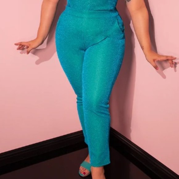 Vixen Turquoise Lurex Cigarette Pants - Picture 1 of 5